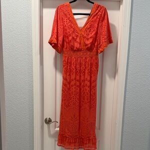 FARM Rio Devore Vibrant Orange Midi Dress